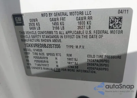 2011 GMC Acadia Slt-1 from USA, damaged, VIN 1GKKVRED8BJ357356